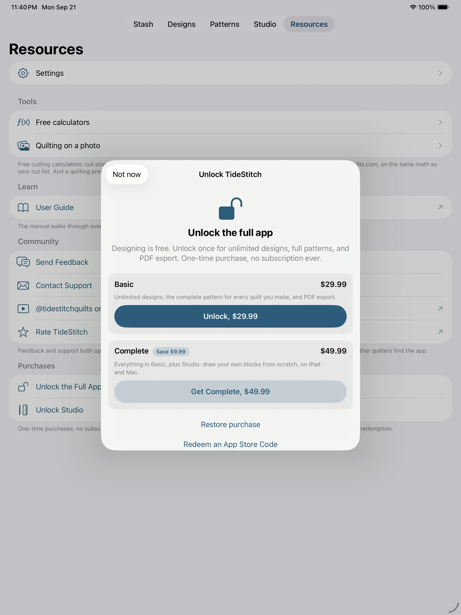 The unlock sheet with Basic and Complete