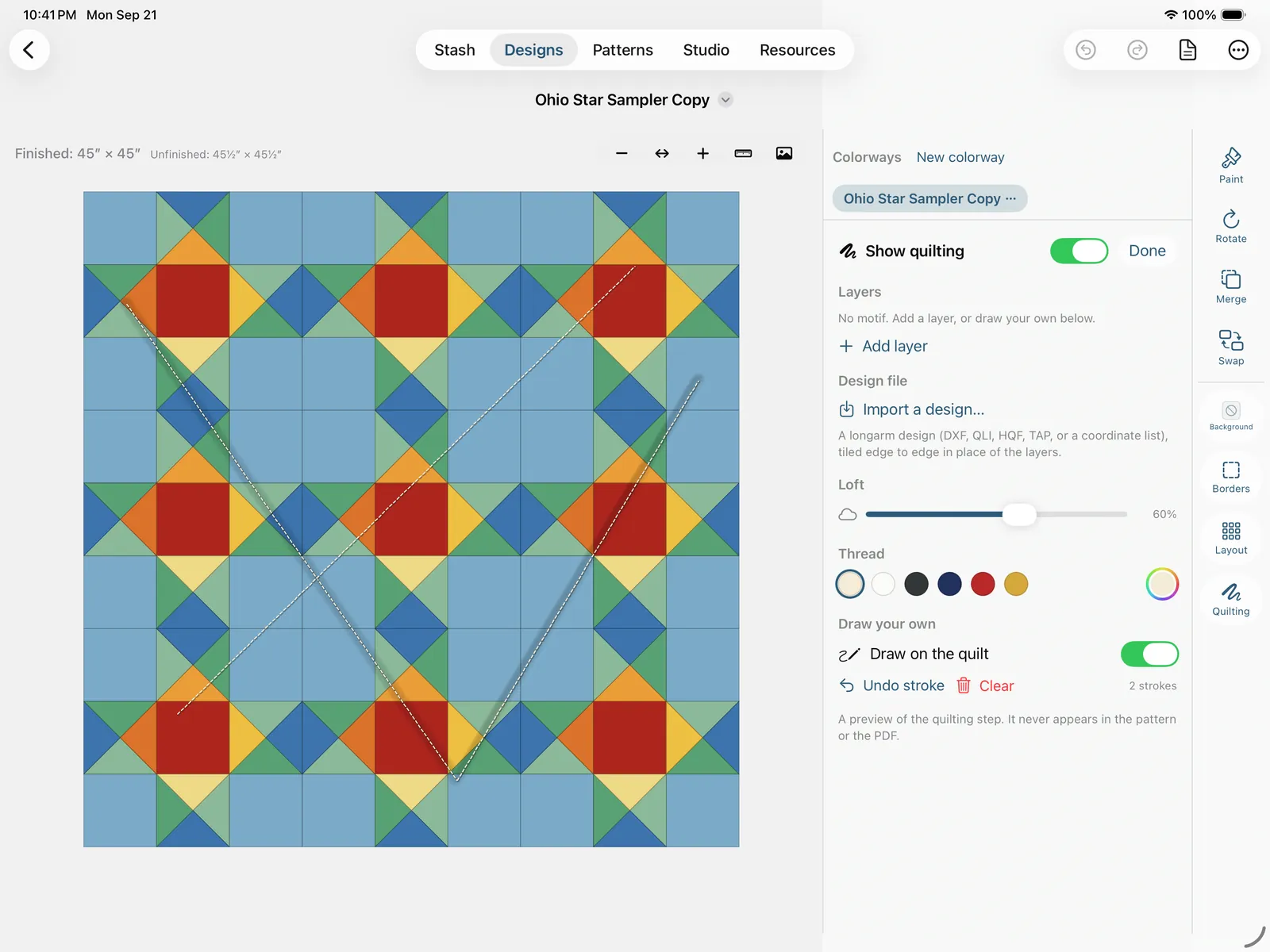 Drawing a quilting stroke by hand