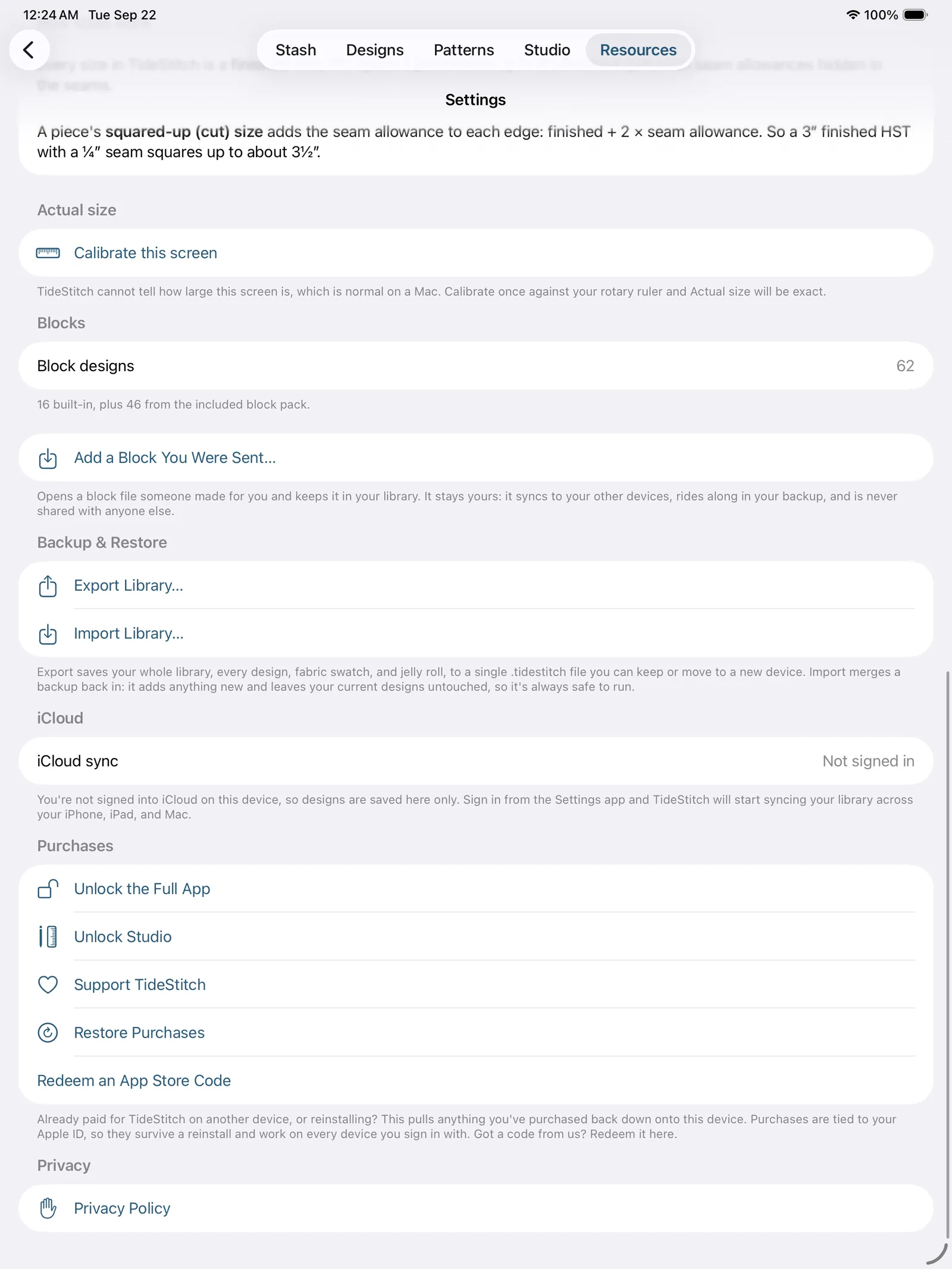 Settings with the Purchases section