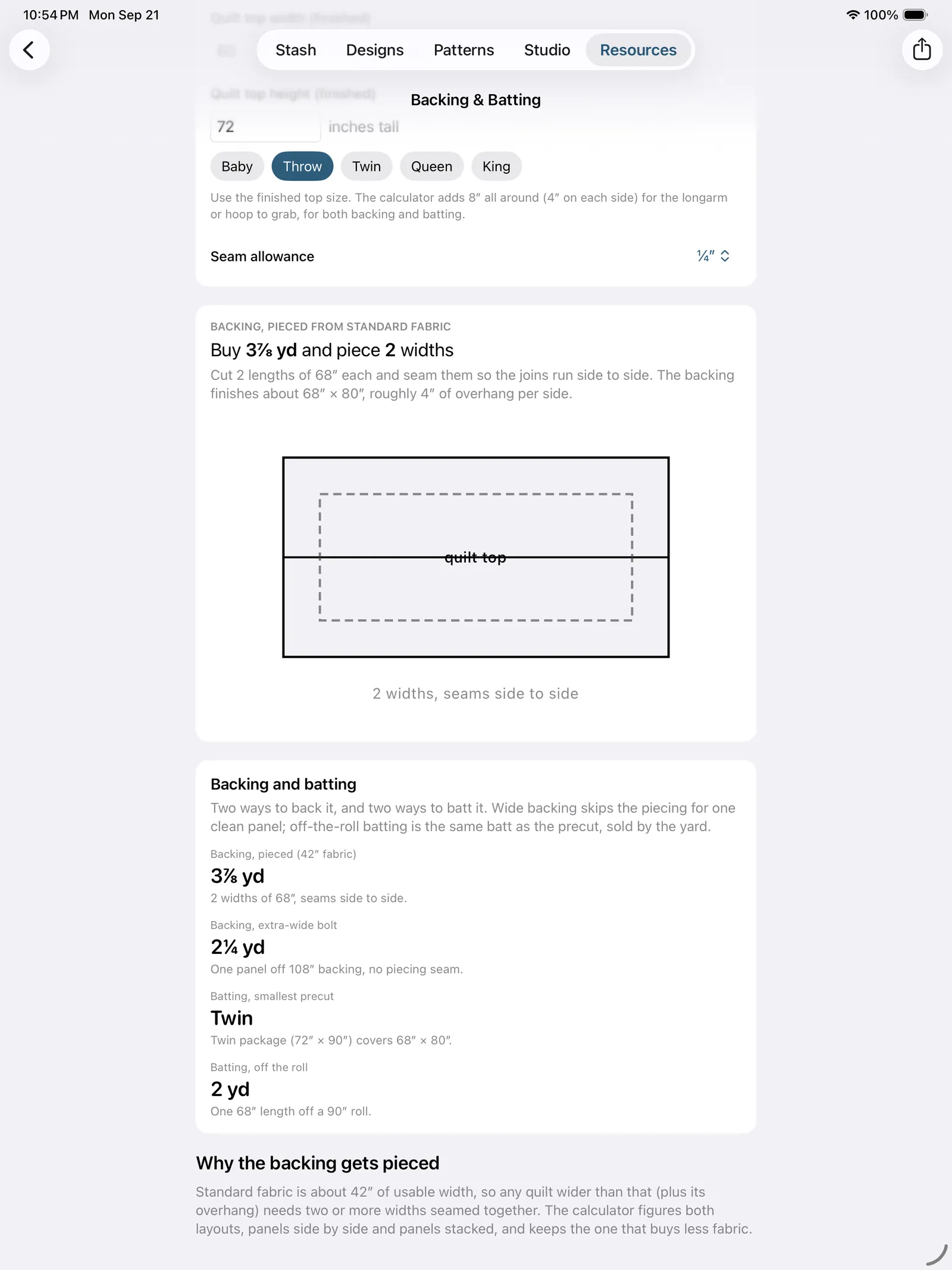 The Backing and Batting calculator with Throw chosen