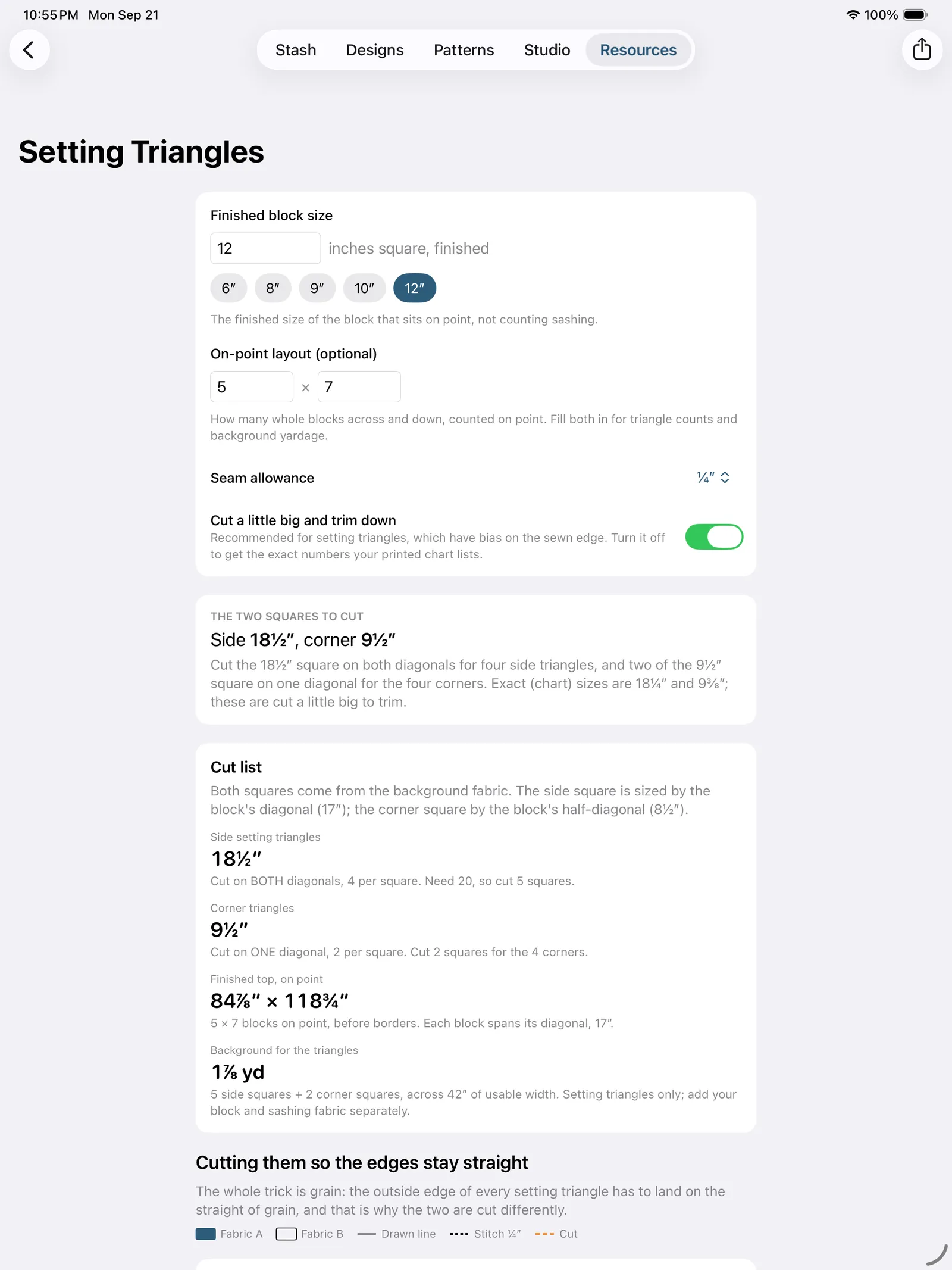 The Setting Triangles calculator with a 5 by 7 layout