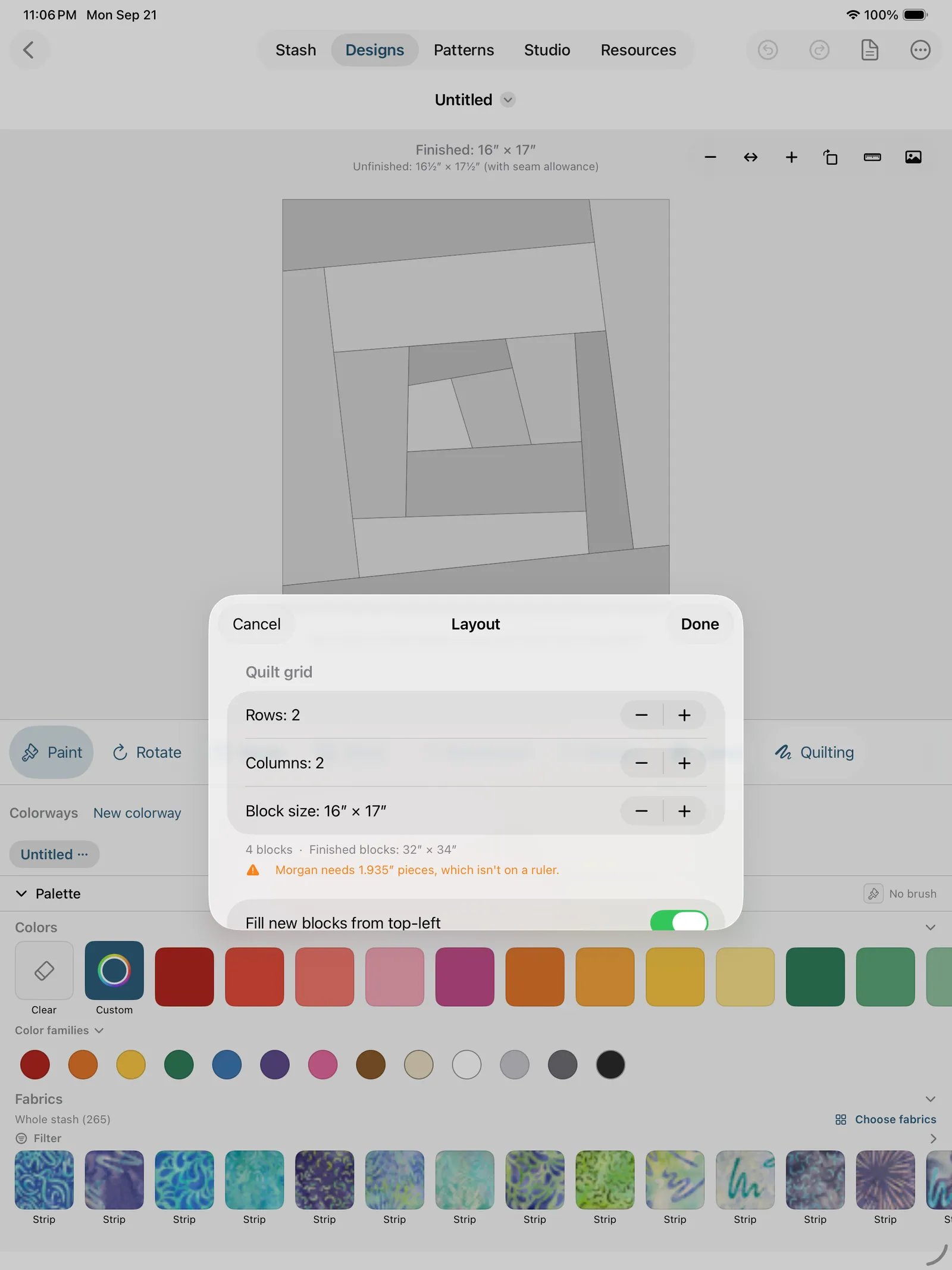 The Layout sheet on a rectangular Studio block