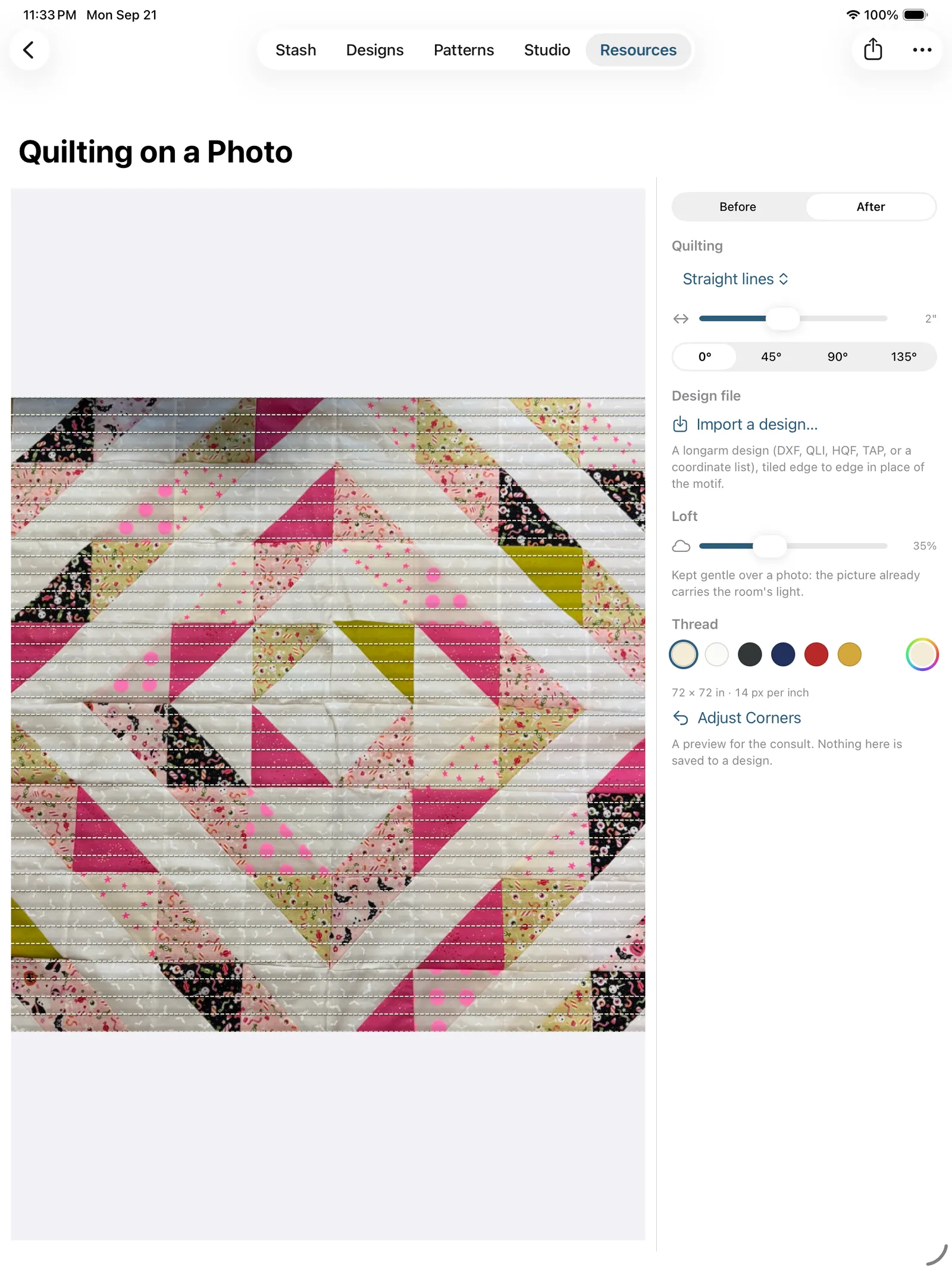 Straight-line quilting previewed on the flattened photo