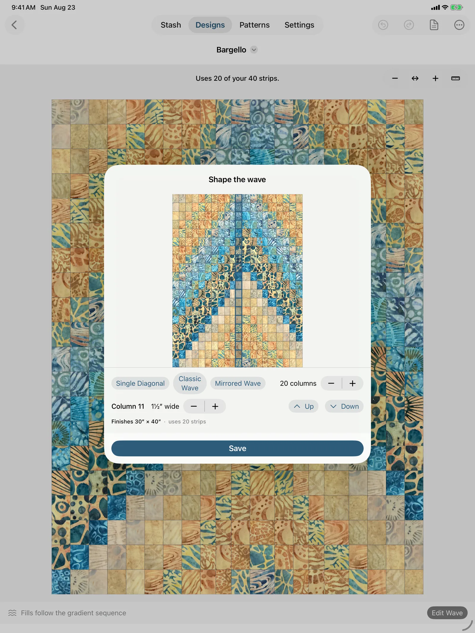 Shaping a bargello wave