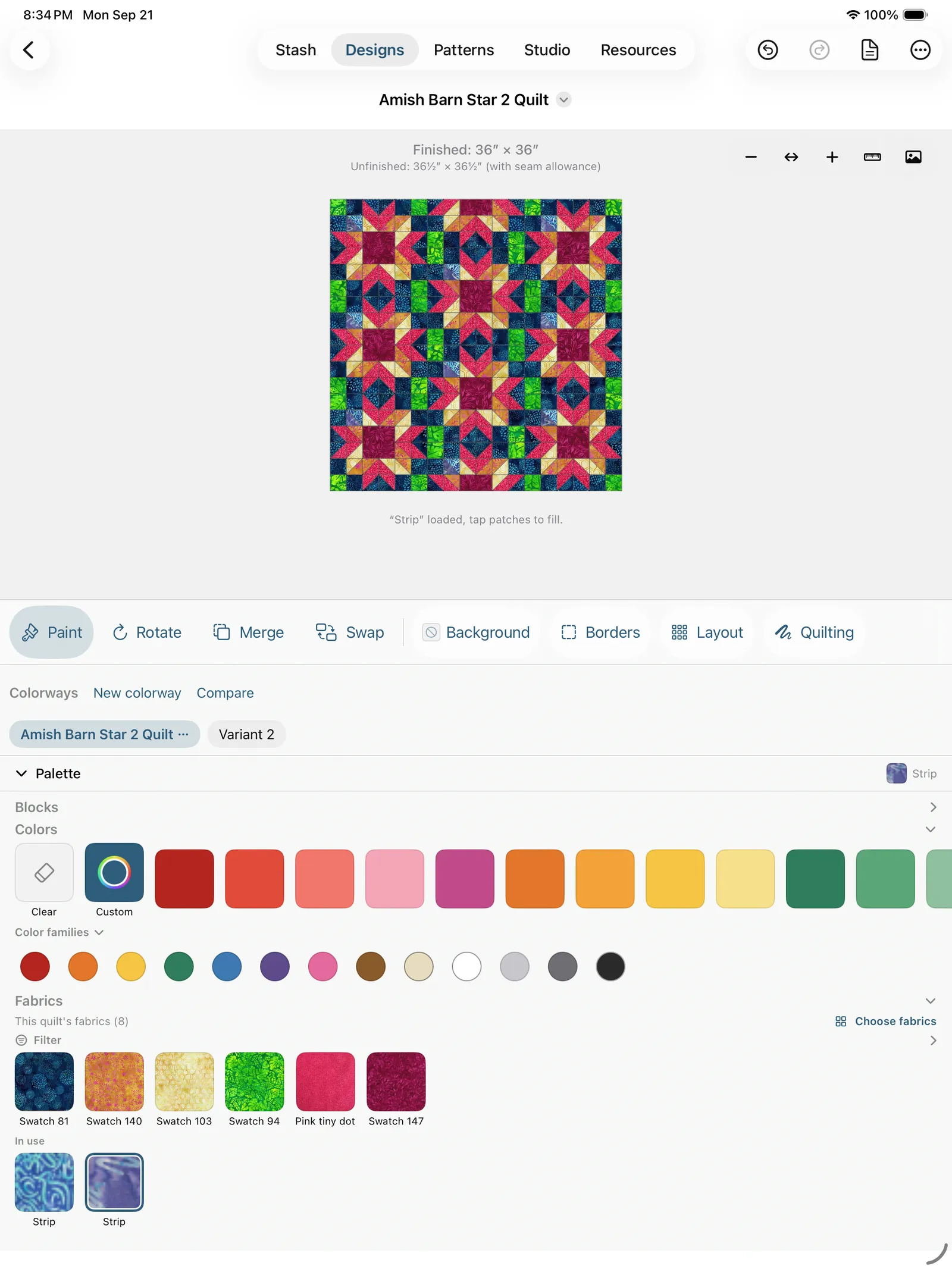 The Fabrics section narrowed to this quilt's fabrics