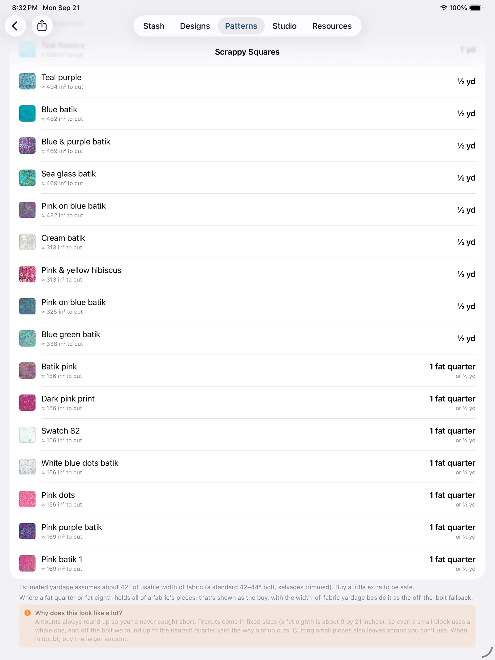 A Fabrics tab with fat-quarter buy lines
