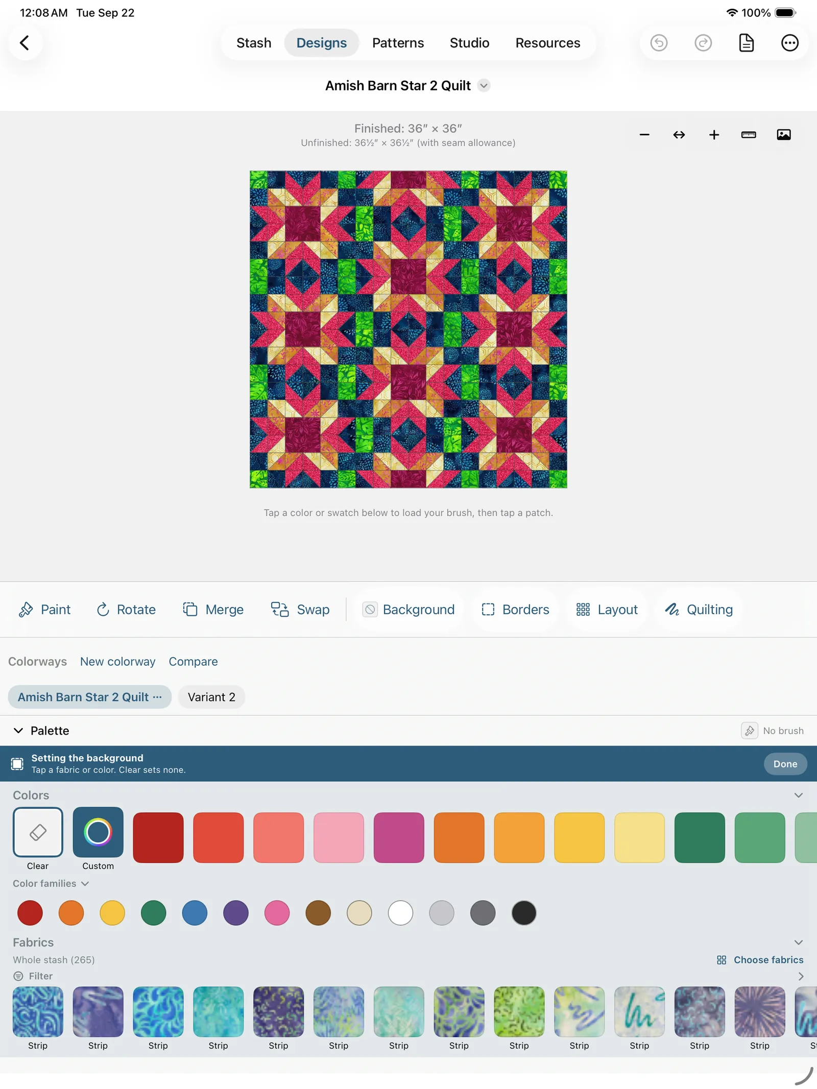 Setting the quilt's background from the palette