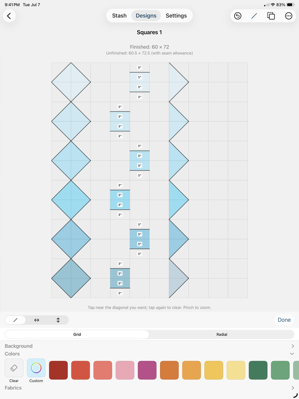 Design Your Own in TideStitch: a freeform quilt top of diamonds and bands on iPad